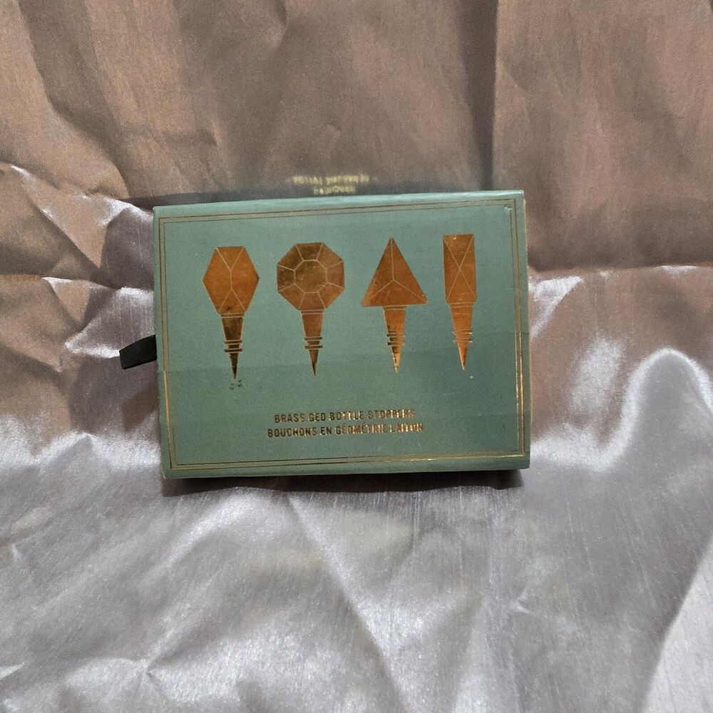 West Elm Brass Geo Bottle Stoppers 4 Pack Set Heavy Duty Bar Ware Wine Cork
